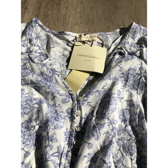 Cynthia Rowley Cottage Core Blue Floral Vintage Style Cropped Line Blouse - M - Picture 5 of 5